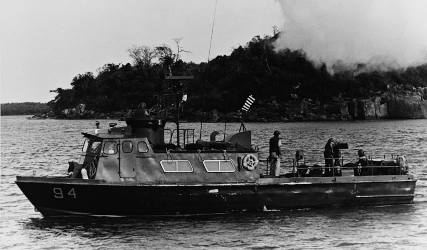 PCF-94 of Coastal Division Eleven Fires its 81mm mortar on Vietcong positions on the Gulf of Thailand shore.
