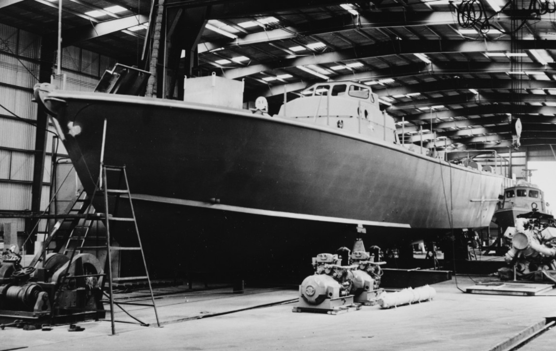 PTF-23 Class Fast Patrol Boat under construction at Stewart Seacraft, Inc., Berwick, Louisiana, 24 October 1967.