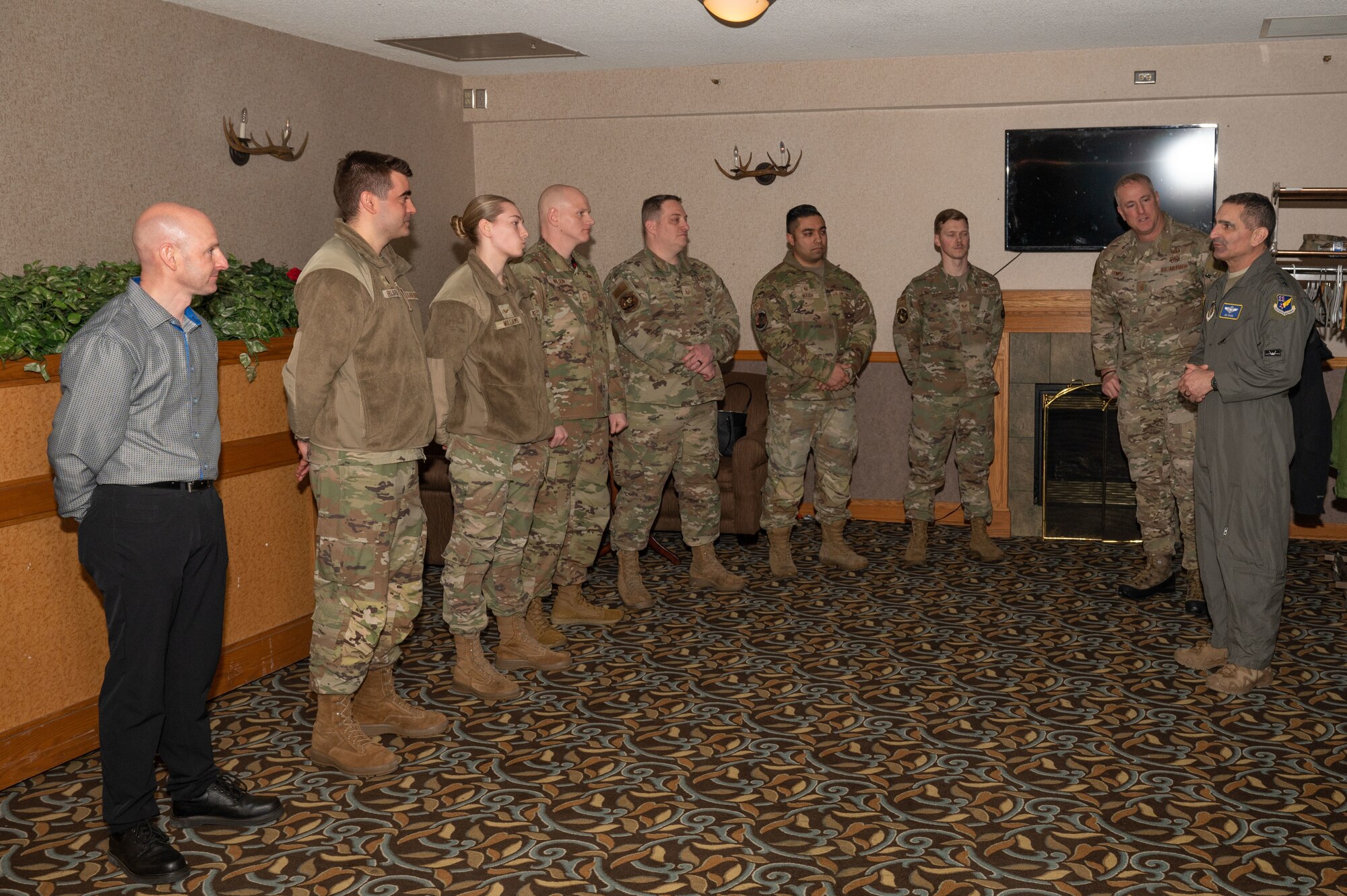 U.S. Air Force Lt. Gen. David Nahom, commander, Alaskan NORAD Region, Alaskan Command and Eleventh Air Force, addresses Airmen during a base visit at Eielson Air Force Base, Alaska, Feb. 1, 2024.
