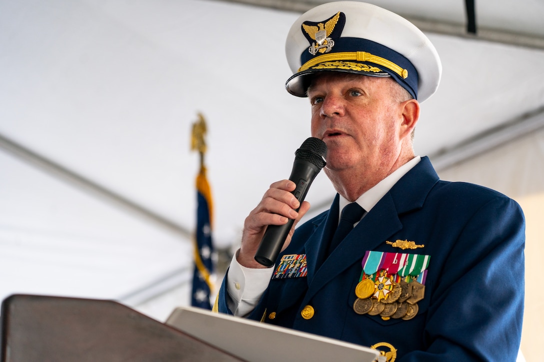 Rear Adm. Brendan McPherson, the deputy commander of Coast Guard Pacific Area, speaks during a decommissioning ceremony for USCGC Steadfast (WMEC 623) in Astoria, Oregon, Feb. 1, 2024. Steadfast was commissioned in 1968 and spent nearly 30 years in Astoria. (U.S. Coast Guard photo by Petty Officer 1st Class Travis Magee)