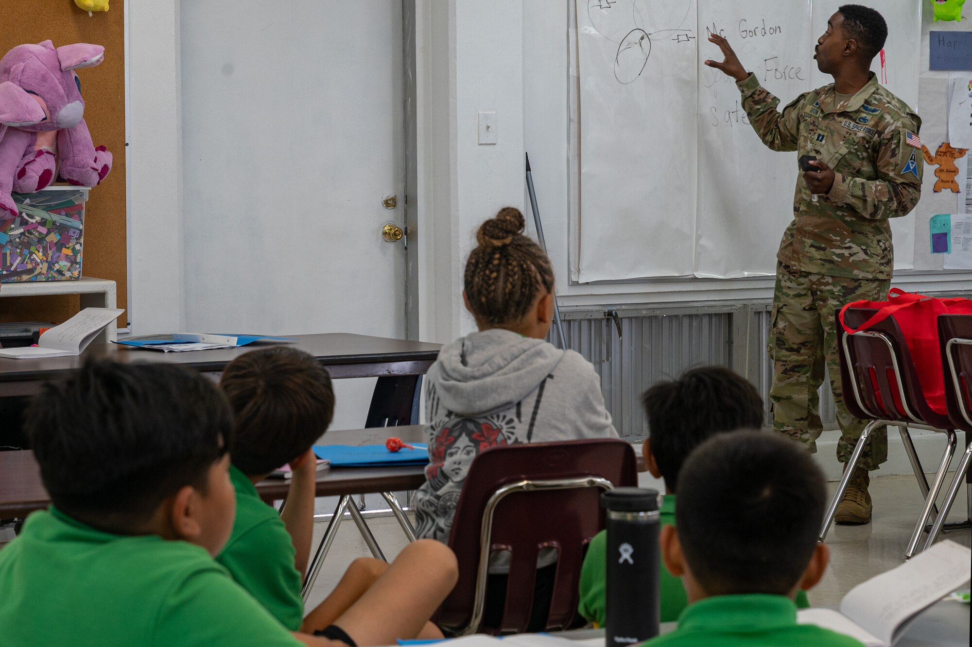 Photo of a Guardian giving a presentation about satellites to students