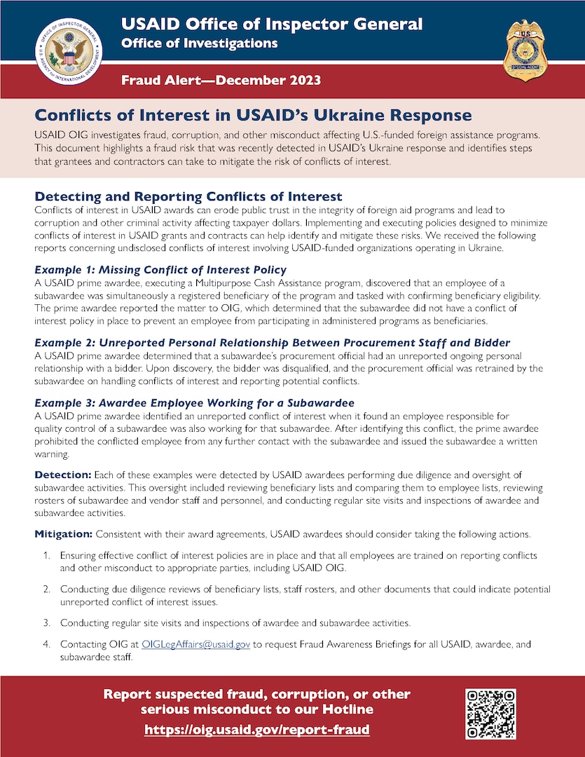 Fraud Alert: Conflicts of Interest in USAID’s Ukraine Response