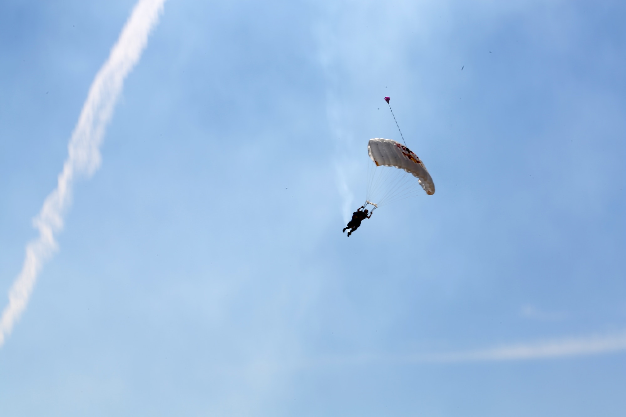 Person in parachute gliding to ground.