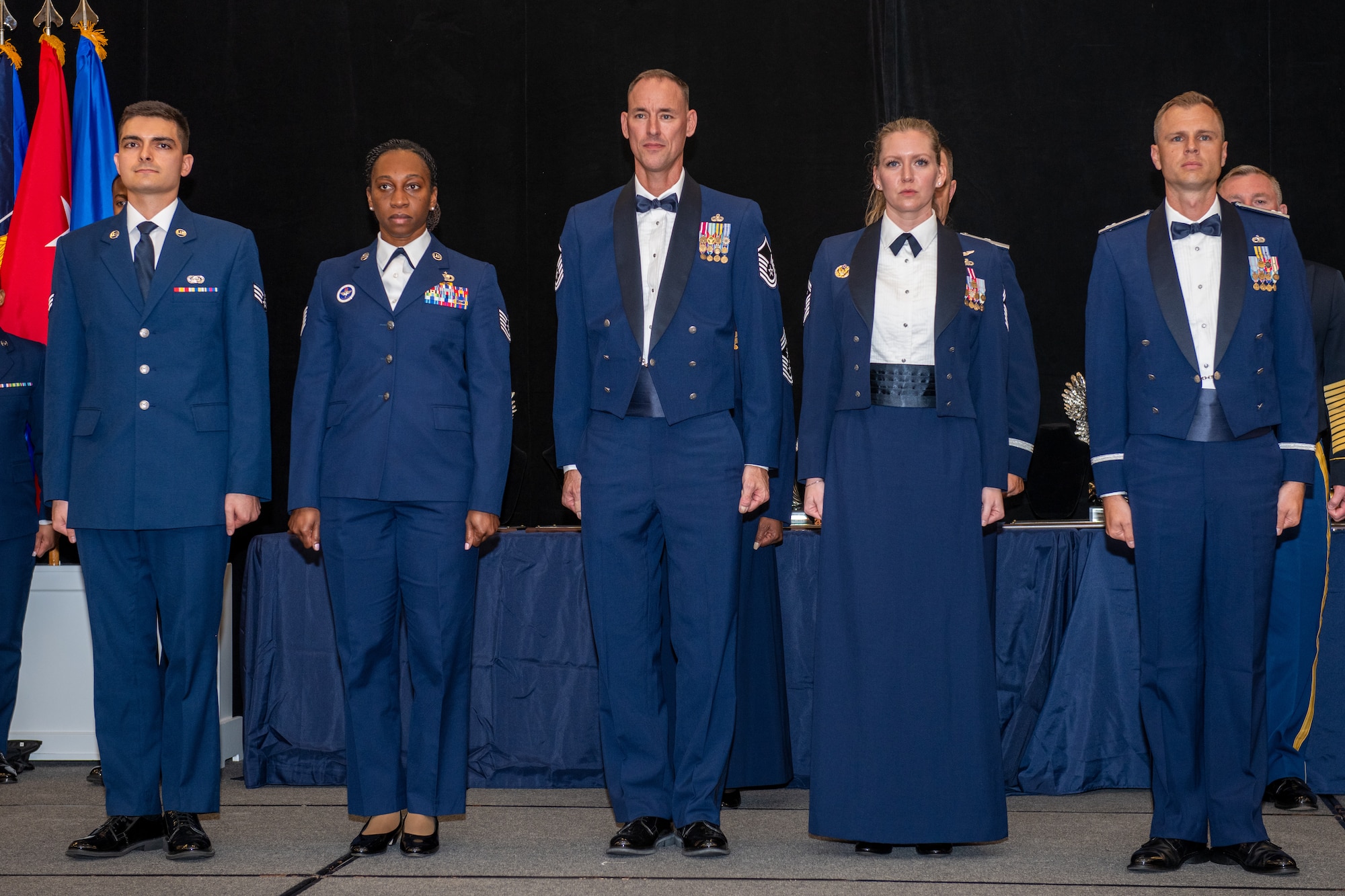 Senior Airman Kyle Manley, U.S. Air Force Tech. Sgt. Tasha Childres, U.S. Air Force Master Sgt. John Sicoli, U.S. Air Force Senior Master Sgt. Rebecca Conrad, and U.S. Air Force Jared Cannon receive recognition for their selection as the Florida Air National Guard's Outstanding Airmen of the Year winners during a ceremony held at Camp Blanding, Florida, Feb. 3, 2024.