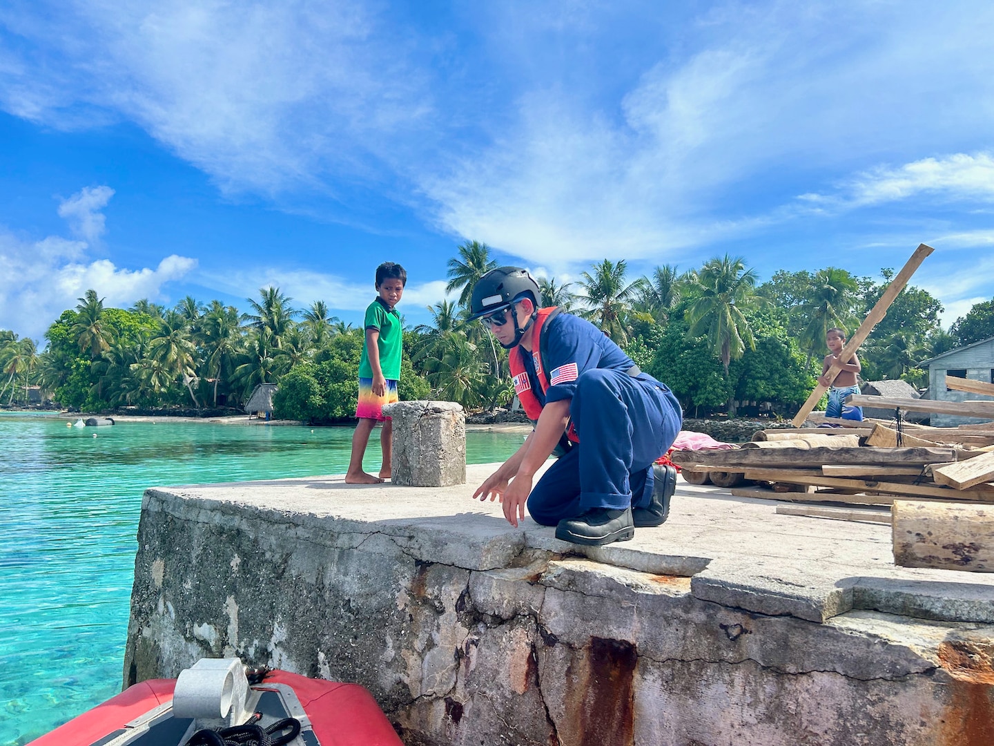 POHNPEI, Federated States of Micronesia — The USCGC Oliver Henry (WPC 1140) crew arrived at Dekhitik Harbor in Pohnpei on Feb. 1 as part of an international effort to deliver essential supplies and equipment to the drought-affected outer islands of Nukuoro and Kapingamarangi Atolls. Due to the El Niño weather phenomenon, these remote communities required immediate assistance, including water purification solutions, to combat the scarcity of potable water.