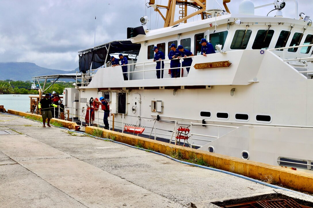 POHNPEI, Federated States of Micronesia — The USCGC Oliver Henry (WPC 1140) crew arrived at Dekhitik Harbor in Pohnpei on Feb. 1 as part of an international effort to deliver essential supplies and equipment to the drought-affected outer islands of Nukuoro and Kapingamarangi Atolls. Due to the El Niño weather phenomenon, these remote communities required immediate assistance, including water purification solutions, to combat the scarcity of potable water.