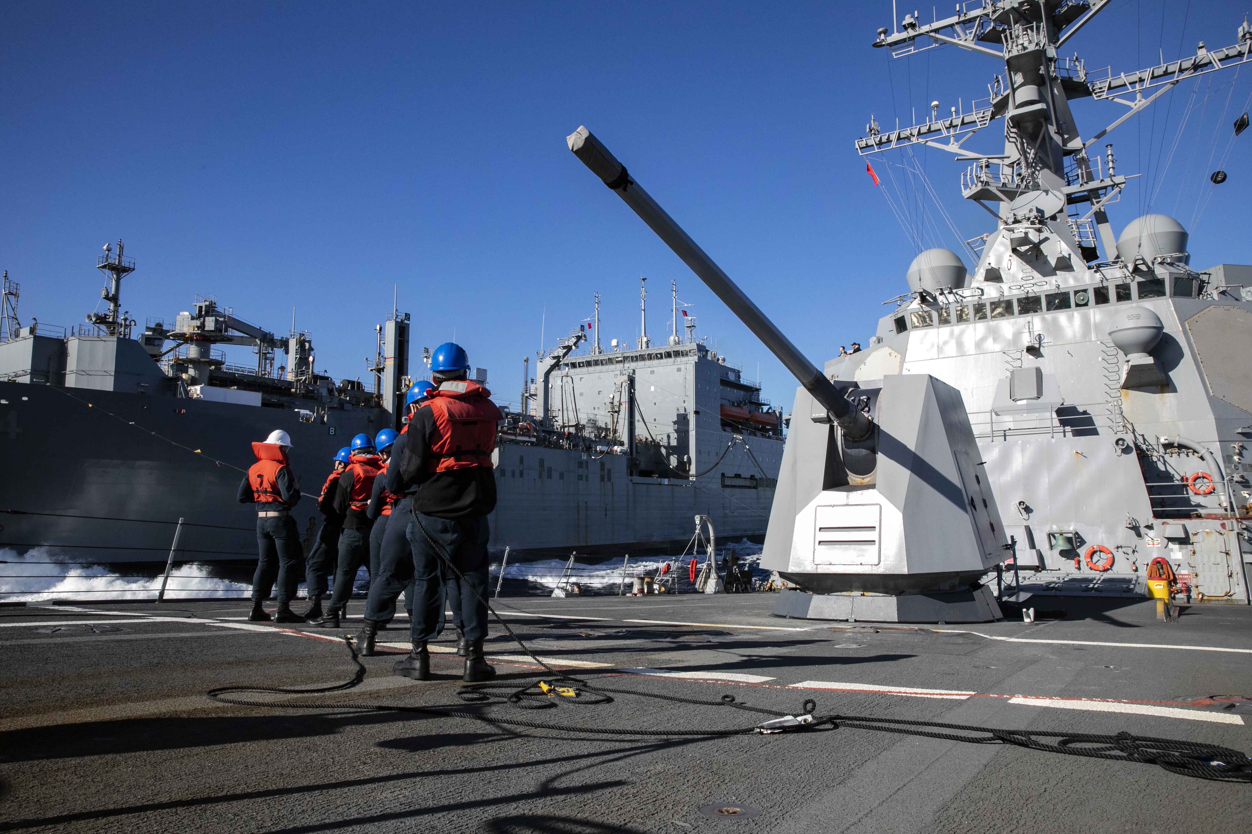 USS Sterett (DDG 104) replenishment with USNS Cesar Chavez (T-AKE 14).