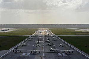 Multinational partners conduct an elephant walk as part of Cope North 2024 at Andersen Air Force Base, Guam, Feb. 5, 2024. Cope North enhances U.S. relationships and interoperability with our regional Allies and partners by providing the opportunity to exchange information and improve shared tactics to better integrate multilateral defense capabilities. (U.S. Air Force photo by Staff Sgt. Gerald R. Willis)