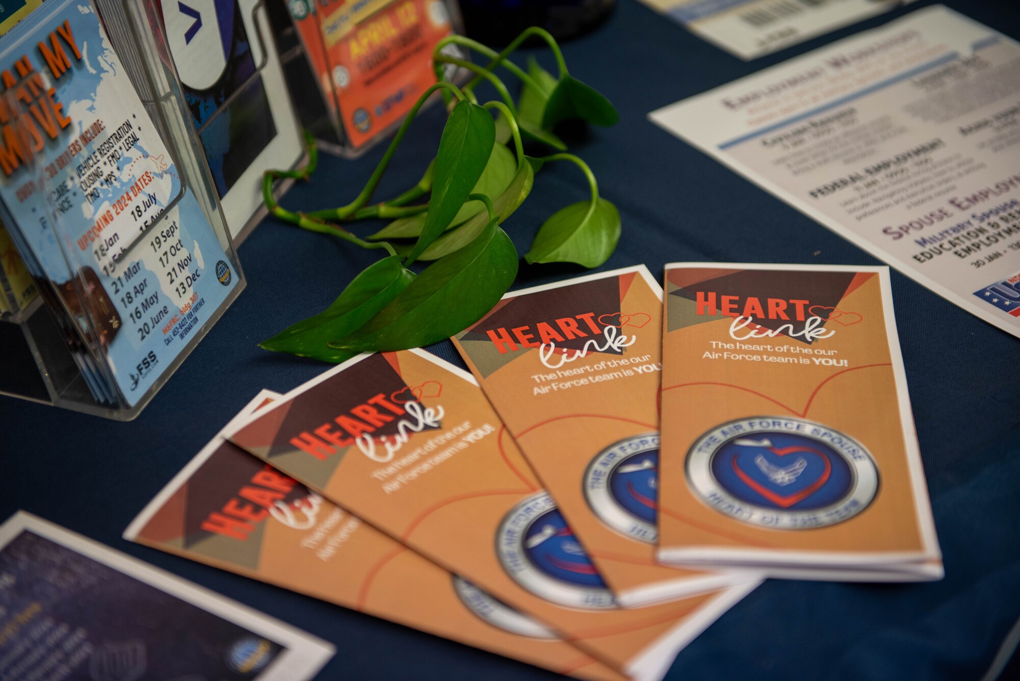 A stack of workshop fliers sit on an information table during a Heart Link orientation at Spangdahlem Air Base, Germany, Jan. 31, 2024.