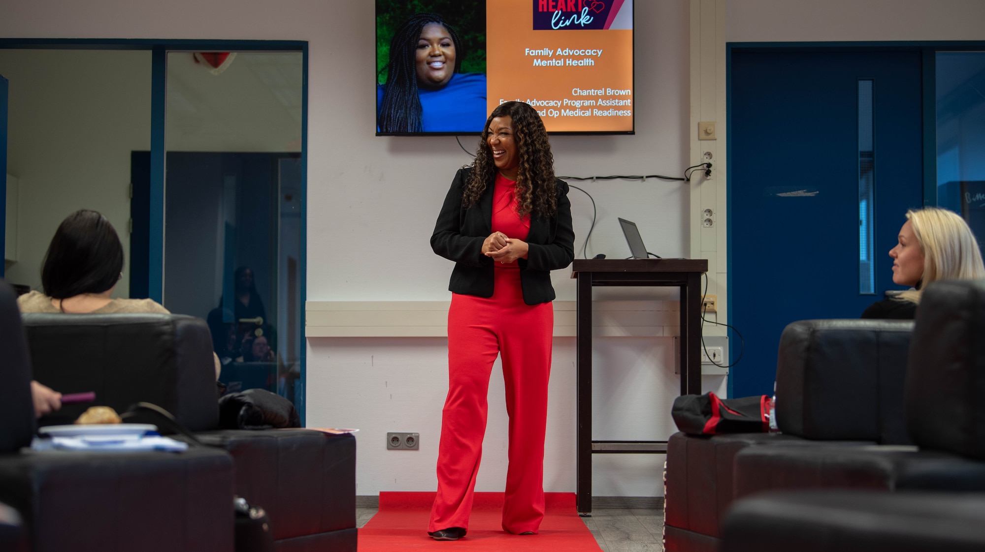 Shantealle Ray, a work life specialist assigned to the 52nd Force Support Squadron Military & Family Readiness Center, introduces a presenter during a Heart Link workshop at Spangdahlem Air Base, Germany, Jan. 31, 2024.