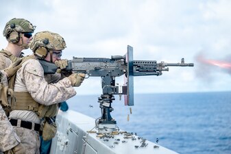 Marines conduct a live-fire exercise aboard USS Somerset (LPD 25) in the Pacific Ocean.