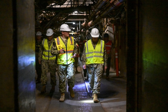 Vice Adm. John Wade, Commander, Joint Task Force-Red Hill (JTF-RH), escorts Vice Adm. Scott Gray, Commander, Navy Installations Command, during a visit to the Red Hill Bulk Fuel Storage Facility (RHBFSF), Halawa, Hawaii, Feb. 6, 2024