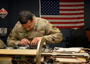 U.S. Air Force Technical Sgt. Michael Gist, an avionics test station and components specialist, 175th Maintenance Squadron, Maryland Air National Guard, diagnoses equipment used in electronic warfare, Martin State Air National Guard Base, Maryland, Jan. 26, 2024