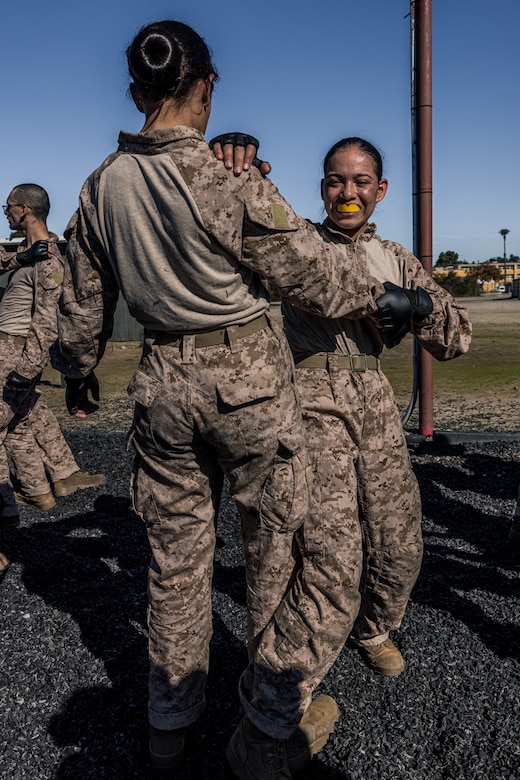 U.S. Marine Corps Recruit Aidee Calero with Mike Company, 3rd Recruit Training Battalion, participates in a Marine Corps Martial Arts Program training event at Marine Corps Recruit Depot San Diego, Jan. 29, 2024. MCMAP aims to strengthen the mental and moral resiliency of individual recruits and Marines through realistic combative training, warrior ethos studies, and physical hardening. Calero is a native of San Diego. (U.S. Marine Corps photo by Lance Cpl. Jacob B. Hutchinson)
