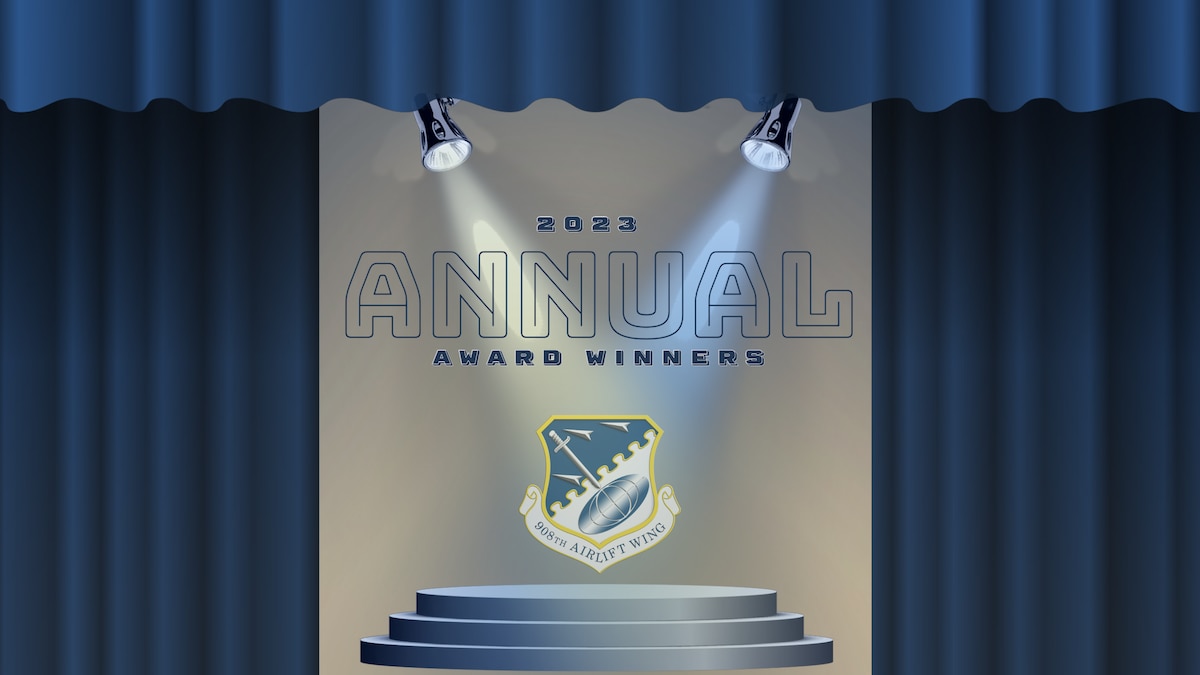 a graphic with spotlights on a stage for 908th Airlift Wing award winners