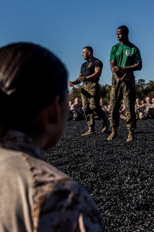 U.S. Marine Corps martial arts instructors with Support Battalion lead a class during a Marine Corps Martial Arts Program training event at Marine Corps Recruit Depot San Diego, Jan. 29, 2024. MCMAP aims to strengthen the mental and moral resiliency of individual recruits and Marines through realistic combative training, warrior ethos studies, and physical hardening. (U.S. Marine Corps photo by Lance Cpl. Jacob B. Hutchinson)
