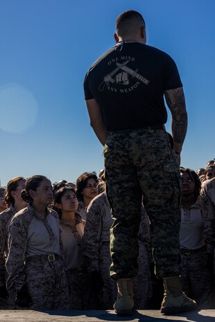 U.S. Marine Corps recruits with Mike Company, 3rd Recruit Training Battalion, participate in a Marine Corps Martial Arts Program training event at Marine Corps Recruit Depot San Diego, Jan. 29, 2024. MCMAP aims to strengthen the mental and moral resiliency of individual recruits and Marines through realistic combative training, warrior ethos studies, and physical hardening. (U.S. Marine Corps photo by Lance Cpl. Jacob B. Hutchinson)