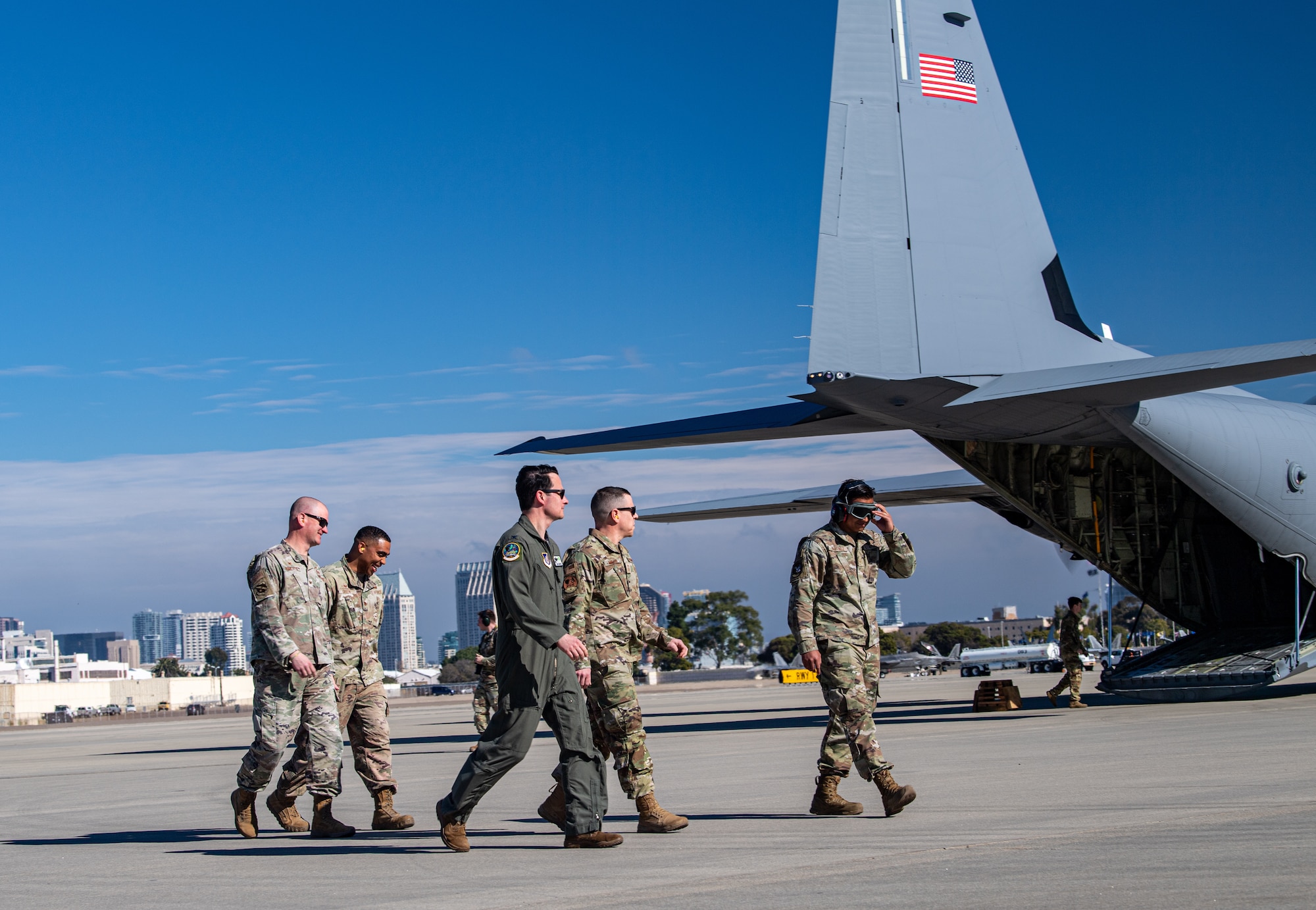 Leaders from the 3rd Air Expeditionary Wing and 99th Air Base Wing depart a C-130 Hercules assigned to the 40th Airlift Squadron, Dyess Air Force Base, Texas, for a site visit at Exercise Bamboo Eagle 24-1 spoke Naval Air Station North Island, California, Jan. 31, 2024.
