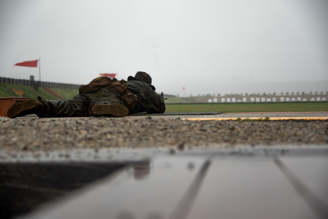 A U.S. Marine Corps recruit with Delta Company, 1st Recruit Training Battalion, aims down range during a table one course of fire at Marine Corps Base Camp Pendleton, California, Feb. 5, 2024. Table one course of fire is designed to introduce recruits to the basic fundamentals of marksmanship and rifle safety. (U.S. Marine Corps photo by Cpl. Dreher)