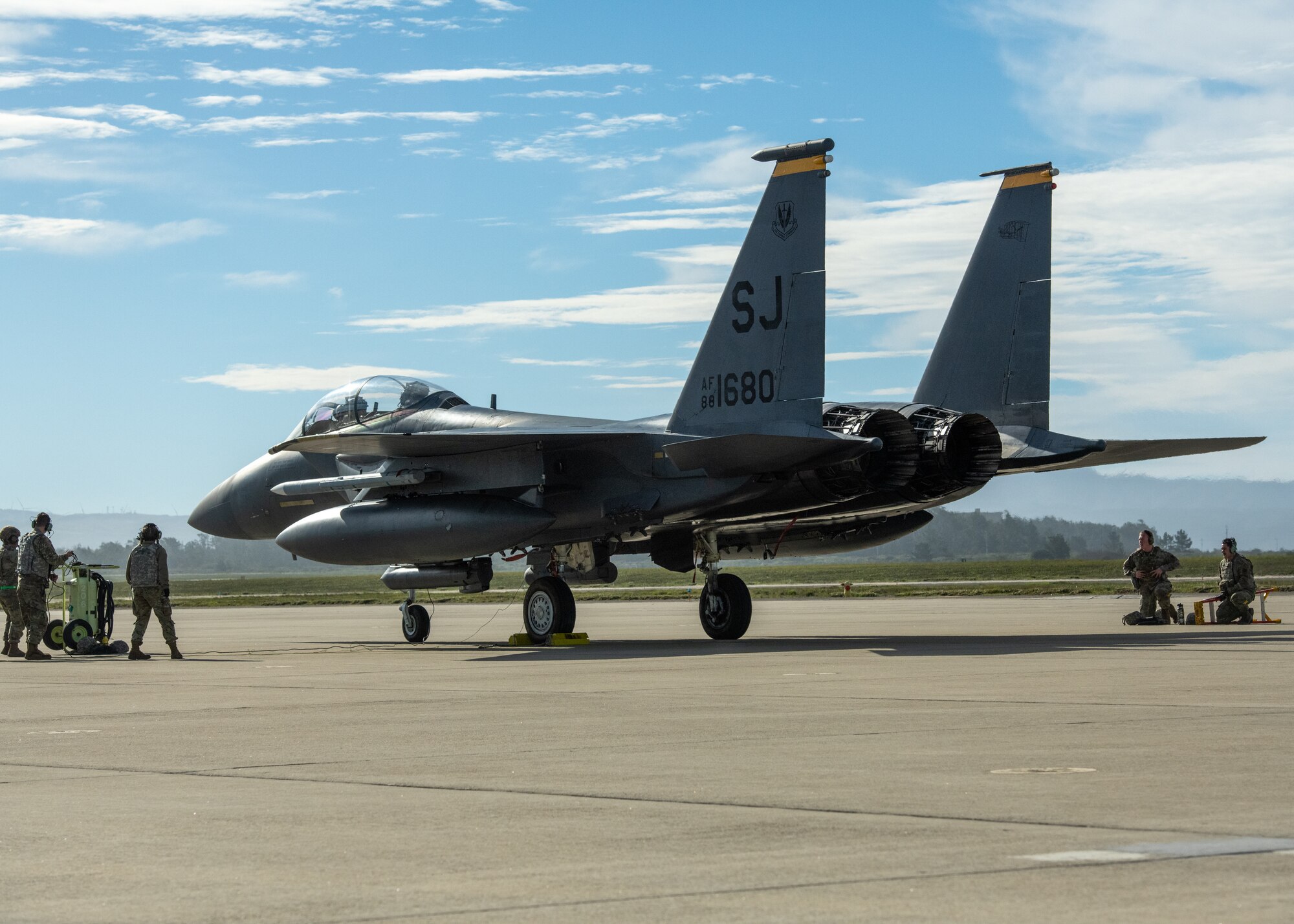 An F-15E sits on the ramp at Vandenberg