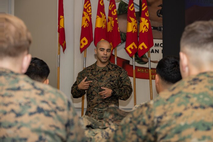 U.S. Marine Corps Gunnery Sgt. Carlos Chavez, a native of Brownsville, Texas and a chief drill instructor with Drill Instructor School, gives a brief on the benefits of Special Duty Assignments to the corporal’s course with Combat Logistic Battalion 5, 1st Marine Logistics Group, I Marine Expeditionary Force, at Marine Corps Recruit Depot San Diego, California, Feb. 5, 2024. Corporals course provides students with the basic knowledge and skills necessary to become successful small-unit leaders using realistic problem-based situations that a Marine corporal will encounter. (U.S. Marine Corps photo by Lance Cpl. Janell B. Alvarez)