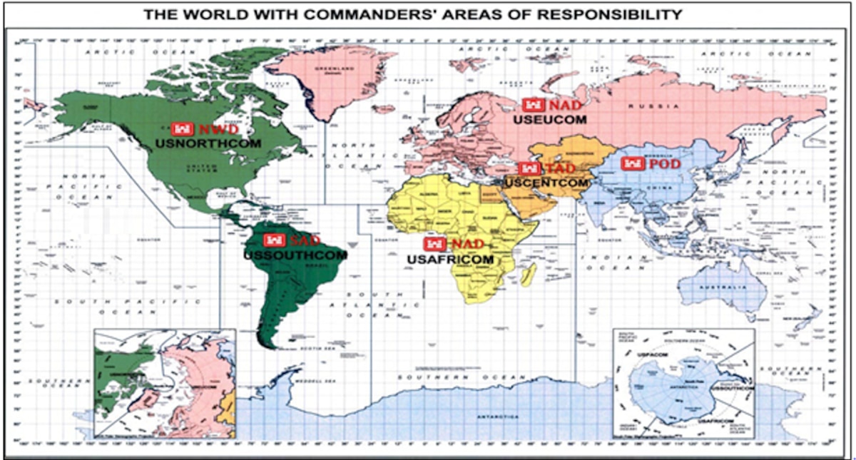 A multicolor map which depicts the boundaries that the U.S. Army Corps of Engineers and Army Major Commands have around the world.