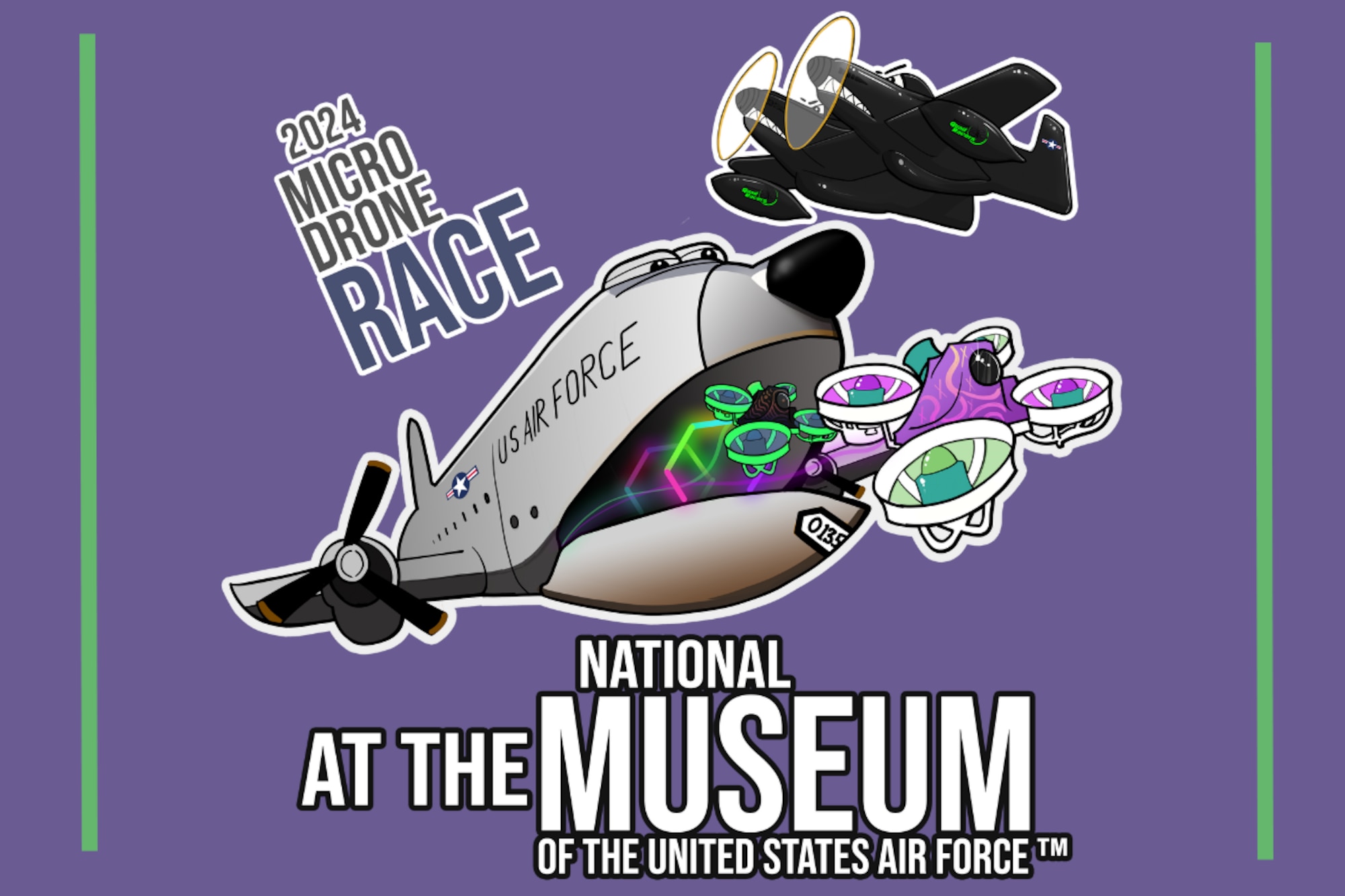 Purple background with a cartoon style C-124 aircraft that has a purple and green micro drone flying out of its mouth.