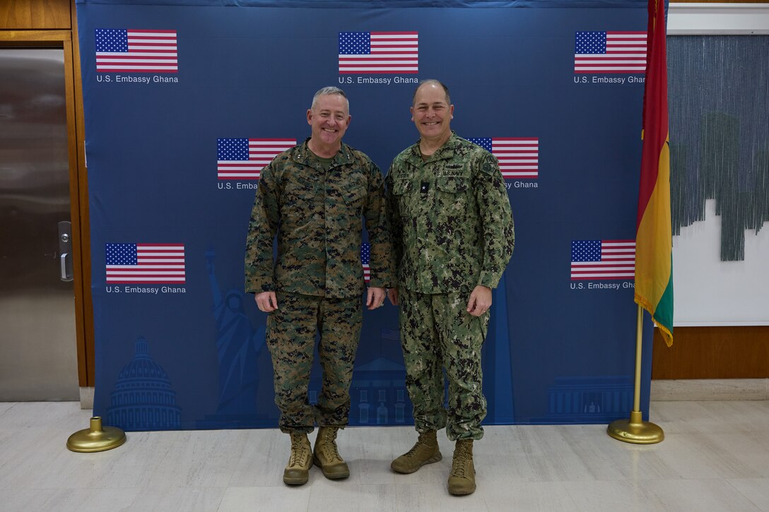 U.S. Marine Corps Maj. Gen. Robert B. Sofge Jr., commander of U.S. Marine Corps Forces Europe and Africa, and Rear Adm. Calvin M. Foster, U.S. Navy Sixth Fleet Vice Commander, pose for a photo at U.S. Embassy Accra, Ghana on Feb. 5, 2024. During the visit Sofge toured the facilities, engaging with the U.S. Marines and key leaders at the U.S. Embassy, where he addressed the importance of the U.S. Marines mission in Ghana and it's surrounding regions. (U.S. Marine Corps photo by Lance Cpl. Mary Linniman)