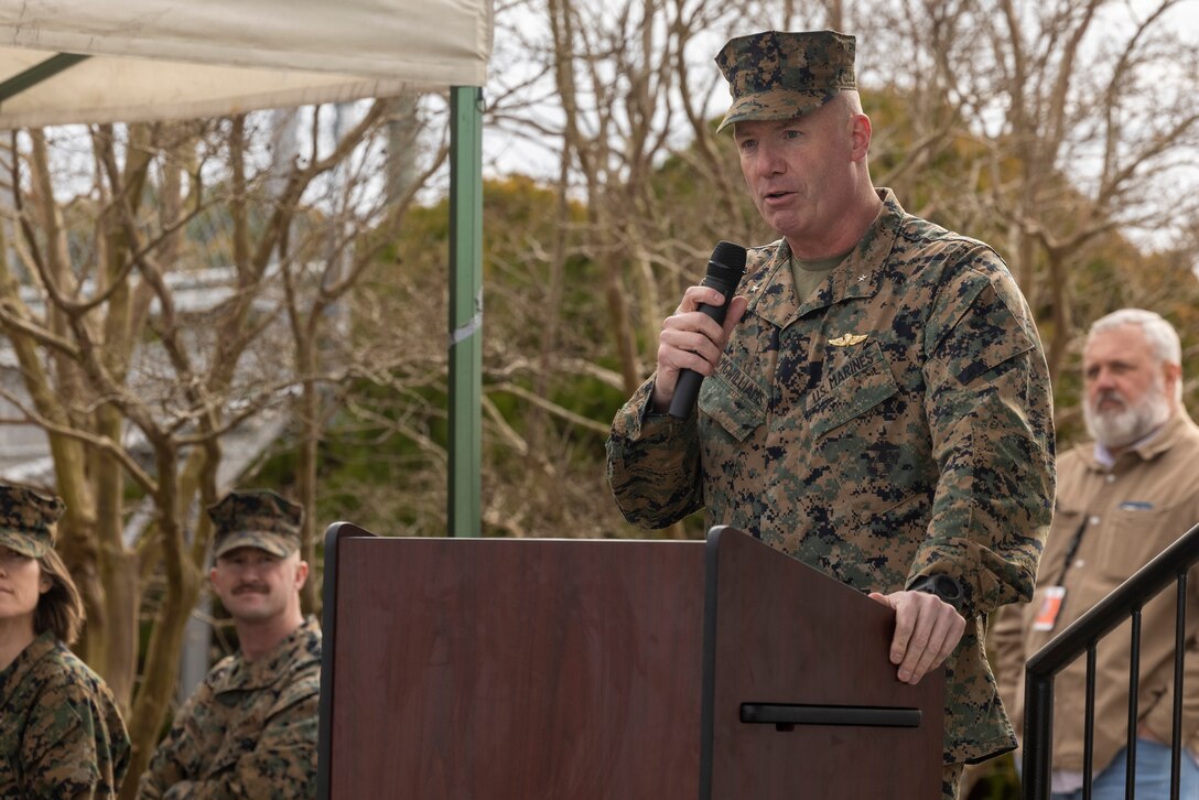 U.S. Marine Corps Brig. Gen. Michael E. McWilliams, commanding general, 2nd Marine Logistics Group, speaks on the importance of the 2nd Supply Battalion legacy, and the future impact of 2nd Combat Readiness Regiment, during a redesignation ceremony on Camp Lejeune, North Carolina, Feb. 5, 2024. During the ceremony, 2nd Supply Battalion was redesignated as 2nd Combat Readiness Regiment. (U.S. Marine Corps photo by Lance Cpl. Jessica J. Mazzamuto)
