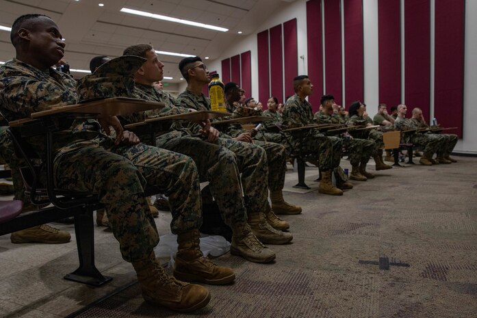 U.S. Marines with Headquarters and Service Battalion conduct annual training at Marine Corps Recruit Depot San Diego, Jan. 31, 2024. Back In the Saddle training is an organized, all-hands, training which reiterates and stresses responsibility and safe practice in and out of the workplace in an effort to minimize accidents and keep personnel safe. (U.S. Marine Corps photo by Lance Cpl. Sarah M. Grawcock)