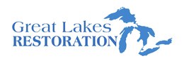 Blue and white logo with the words "Great Lakes Restoration" and an image of the Great Lakes to the right.