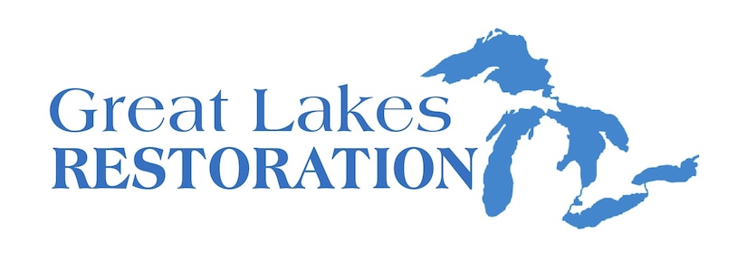 Blue and white logo with the words "Great Lakes Restoration" and an image of the Great Lakes to the right.