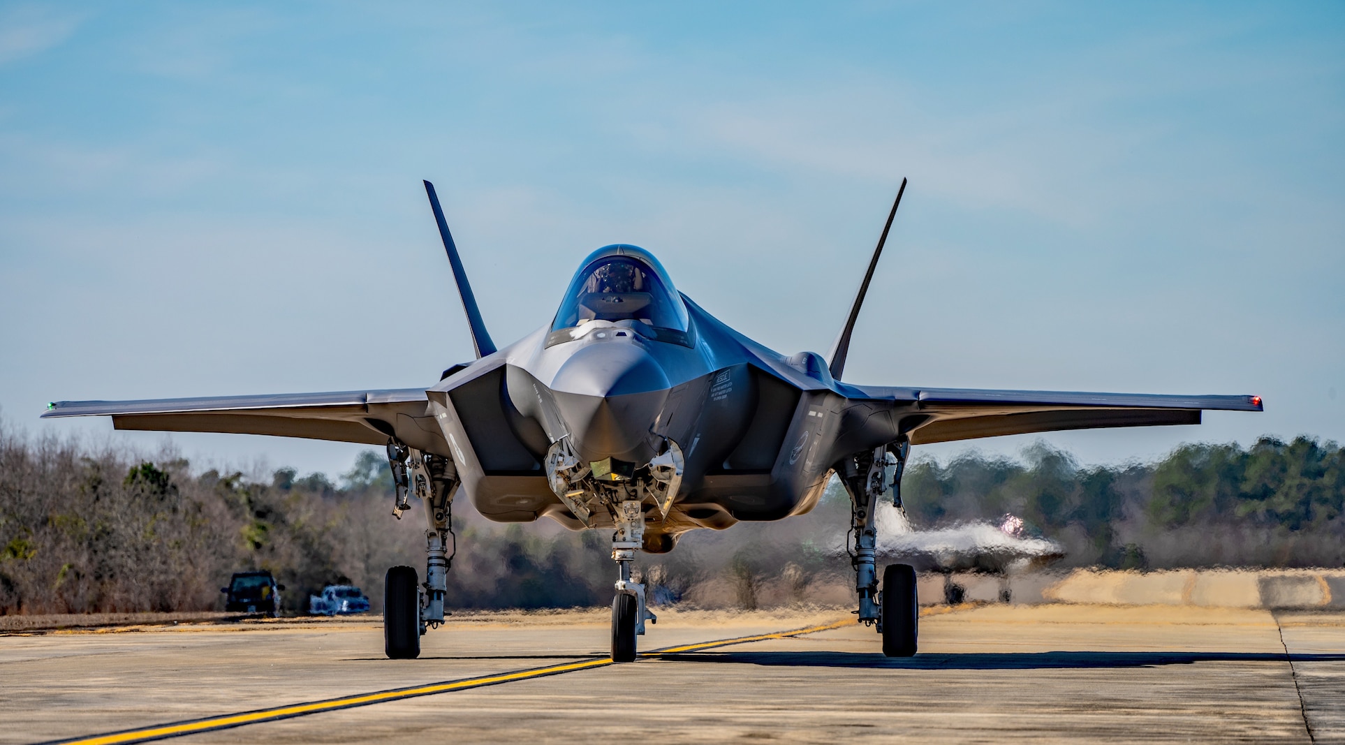 Photo of An F-35 Lightning II taxing on the runway during the “Maple Thunder” exercise, at North Auxiliary Airfield, Joint Base Charleston, North, South Carolina, January 30, 2024