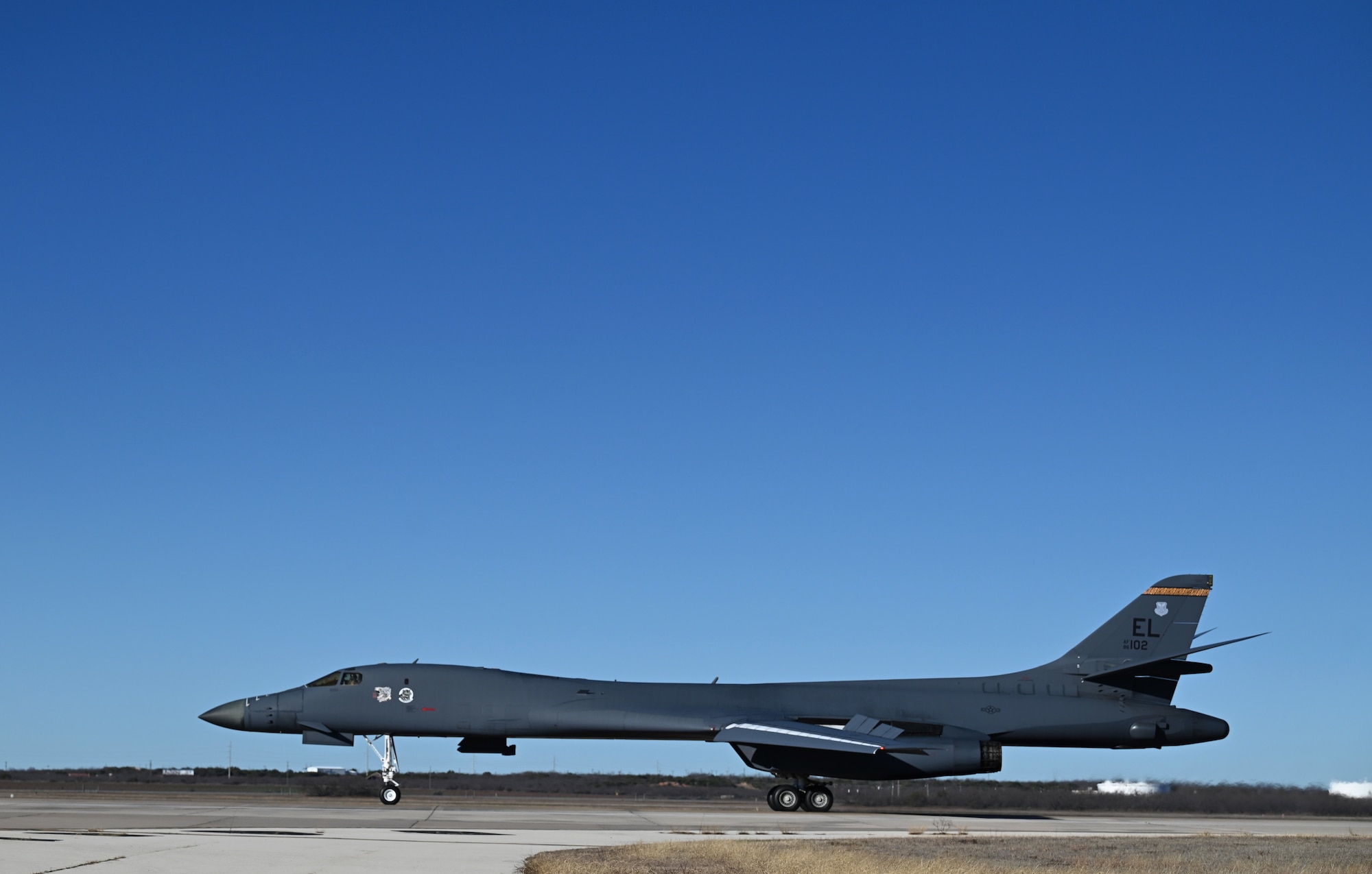 A B-1B Lancer from Ellsworth Air Force Base, South Dakota, lands on the flightline at Dyess AFB, Texas, Feb. 3, 2024. (U.S. Air Force photo by Staff Sgt. Holly Cook)