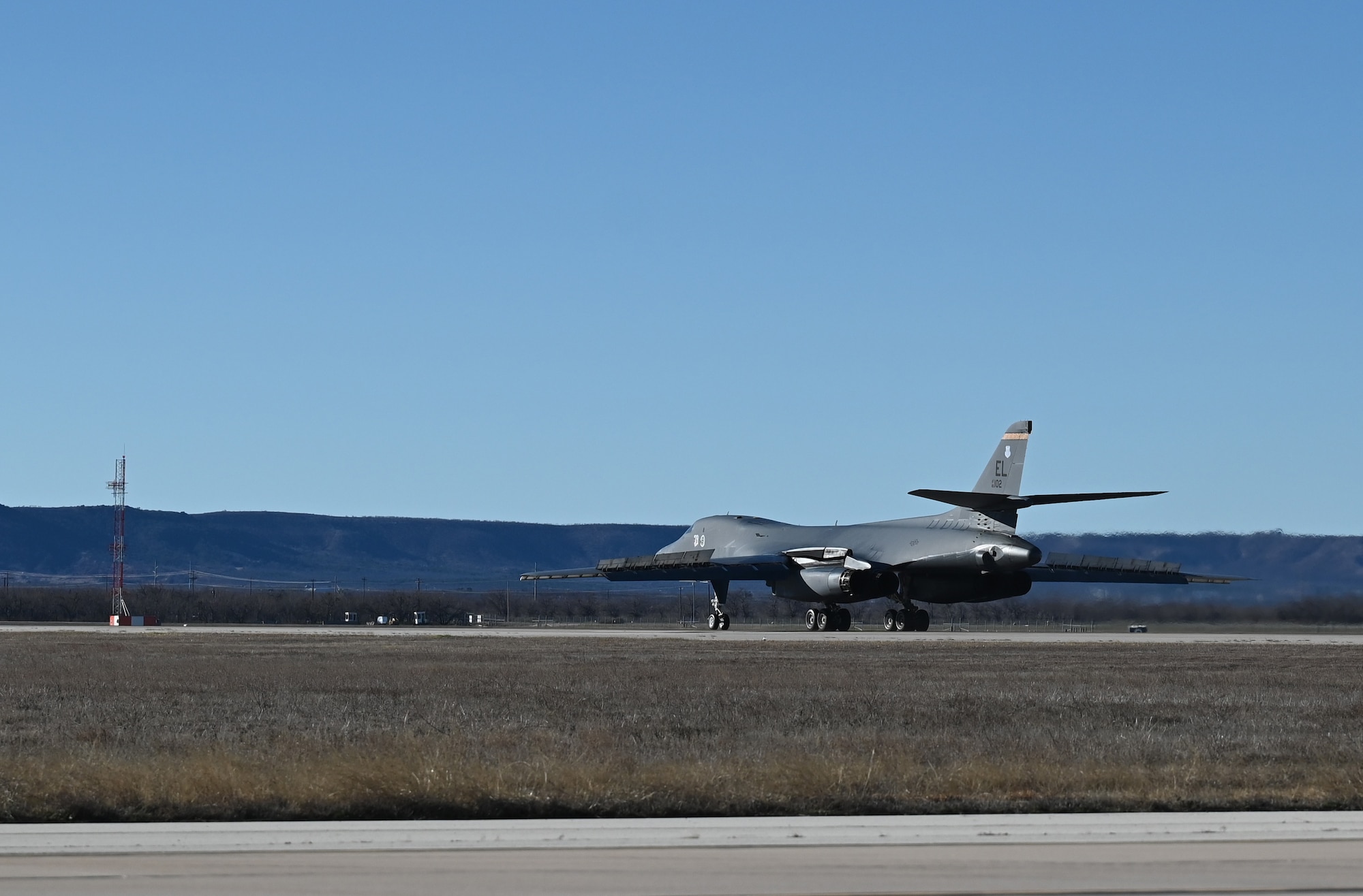 A B-1B Lancer from Ellsworth Air Force Base, South Dakota, lands on the flightline at Dyess AFB, Texas, Feb. 3, 2024. (U.S. Air Force photo by Staff Sgt. Holly Cook)