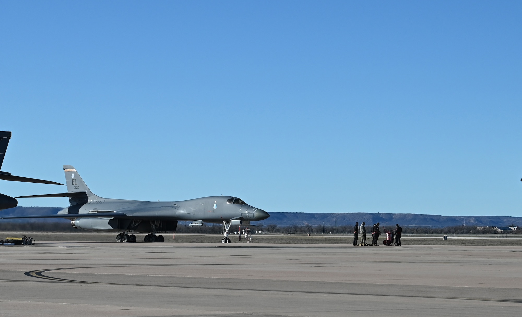 A B-1B Lancer from Ellsworth Air Force Base, South Dakota, taxis on the flightline at Dyess AFB, Texas, Feb. 3, 2024. (U.S. Air Force photo by Staff Sgt. Holly Cook)