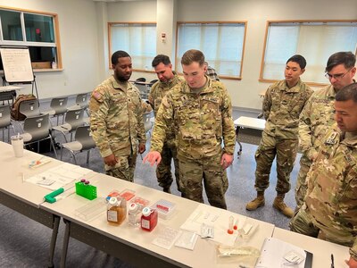 American Soldiers from the Fort Drum, New York-based 59th Chemical, Biological, Radiological, Nuclear (CBRN) Company (Hazardous Response) participate in the Advanced Chemical Biological Course on Camp Humphreys, South Korea. A mobile training team from the Special Programs Division on Dugway Proving Ground, Utah, conducted the course. Courtesy photo.