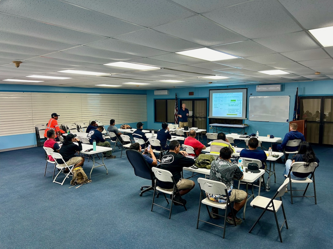Responders and the U.S. Coast Guard held a three-day oil spill response certification course required under the Code of Federal Regulations for First Responder Operations Level Training given at Cabras Marine Guam from Jan. 17 - 19, 2024, focused on operational requirements for responding to pollution spills, particularly with oil spill recovery organizations. (U.S. Coast Guard photo by Lt. j.g. Whip Blacklaw)