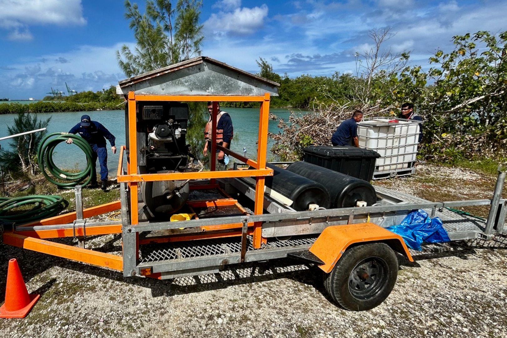 Responders and the U.S. Coast Guard held a three-day oil spill response certification course required under the Code of Federal Regulations for First Responder Operations Level Training given at Cabras Marine Guam from Jan. 17 - 19, 2024, focused on operational requirements for responding to pollution spills, particularly with oil spill recovery organizations. (U.S. Coast Guard photo by Lt. j.g. Whip Blacklaw)