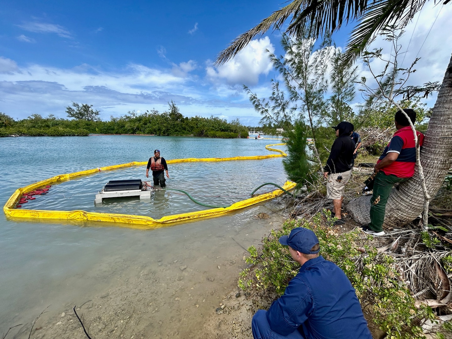 Responders and the U.S. Coast Guard held a three-day oil spill response certification course required under the Code of Federal Regulations for First Responder Operations Level Training given at Cabras Marine Guam from Jan. 17 - 19, 2024, focused on operational requirements for responding to pollution spills, particularly with oil spill recovery organizations. (U.S. Coast Guard photo by Lt. j.g. Whip Blacklaw)