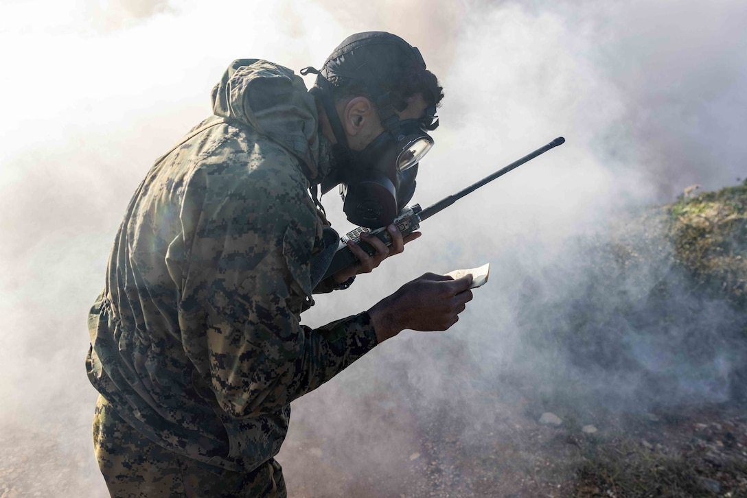 U.S. Marine Corps Cpl. Brayan Reyescastro, a transmissions system operator with the 26th Marine Expeditionary Unit’s (Special Operations Capable) (26 MEU(SOC)) Logistics Command Element, sends a chemical, biological, radiological and nuclear (CBRN) 1 report during a CBRN training event in Galfyra, Greece, Jan. 14, 2024. The 26th MEU(SOC) readiness sustainment exercise named “Odyssey Encore”, enhances the unit’s operational capabilities as an expeditionary crisis response force and provides an opportunity for the 26th MEU(SOC) to conduct advanced integrated expeditionary operations and live-fire training with both the 32nd and 24th Marine Brigades in Greece. The Bataan Amphibious Ready Group, with the embarked 26th MEU(SOC) is on a scheduled deployment in the U.S. Naval Forces Europe area of operations, employed by U.S. Sixth Fleet to defend U.S., Allied and partner interests. (U.S. Marine Corps photo by Cpl. Rafael Brambila-Pelayo)