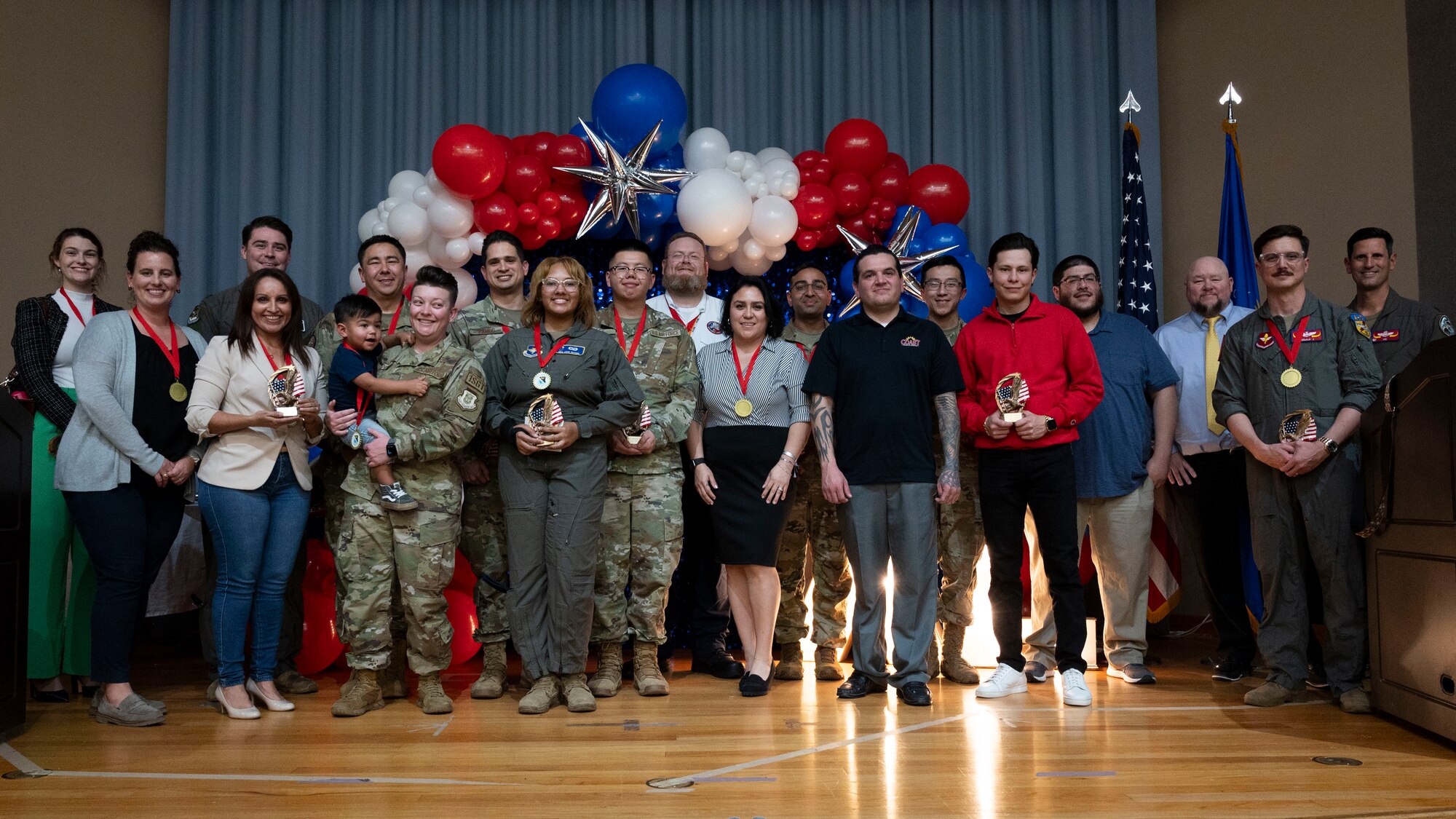 2023 Annual Awards winners pose for a group photo during the 2023 47th FTW Annual Awards Ceremony at Laughlin Air Force Base, Texas, Feb. 2, 2024. The annual awards recognized the top performers throughout the 47th Flying Training Wing during fiscal year 2023. (U.S. Air Force photo by Senior Airman Kailee Reynolds)