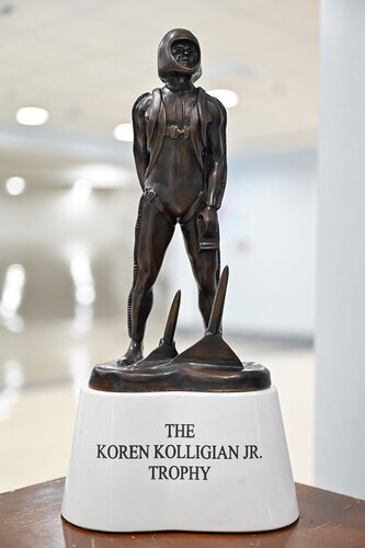 The 2022 Koren Kolligian, Jr. Trophy is displayed before being presented to Maj. Brady Augustin during a ceremony at the Pentagon, Arlington, Va., Feb. 7, 2024.