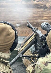 U.S. Soldiers with the Pennsylvania National Guard fire M240B machine guns during the crew served weapons course at Fort Indiantown Gap, Pennsylvania, Jan. 31, 2024. The crew served weapons course is offered through the Pennsylvania National Guard's Individual Training Branch. 36 students from units across the state honed in their marksmanship skills by training on the M249 light machine gun, M240B machine gun, Mark 19 40 mm grenade machine gun and M2A1 machine gun in order to become subject matter experts on those weapon systems. (U.S. Army National Guard photo by Sgt. 1st Class Rani Doucette)