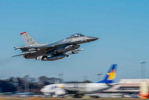 A U.S. Air Force F-16 Fighting Falcon takes off from Hyakuri Air Base, Japan in support of the Aviation Training Relocation exercise Jan. 29, 2024.