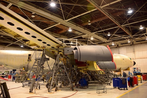 An aircraft is under repair
