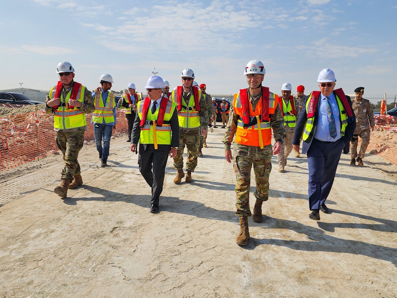 U.S. Army Brig. Gen. William C. Hannan, Jr., U.S. Army Corps of Engineers Transatlantic Division commanding general (center rear), accompanies U.S. Army Col. Philip M. Secrist III, Transatlantic Middle East District commander (far left), Jim M. Sindle, U.S. Consul General for the U.S. Consulate General Dhahran, Saudi Arabia (center left), U.S. Army Lt. Gen. Scott A. Spellmon, 55th Chief of Engineers and U.S. Army Corps of Engineers commanding general (center right), along with Middle East District program managers and professionals view ongoing project sites and discuss and evaluate USACE’s role as the 'partner of choice' in the U.S. Central Command’s area of responsibility during a recent series of engagements and project site visits with U.S. military and allied nation mission partners across the Kingdom of Saudi Arabia, Jan 24. Understanding the complex and dynamic engineering, design, and construction program and the strategic impact of the USACE mission, programs, and projects is essential for leadership and mission partners and underscores the Transatlantic Division’s commitment to building capacity and enhancing security solidifying its pivotal role in advancing the objectives of the CENTCOM AOR.