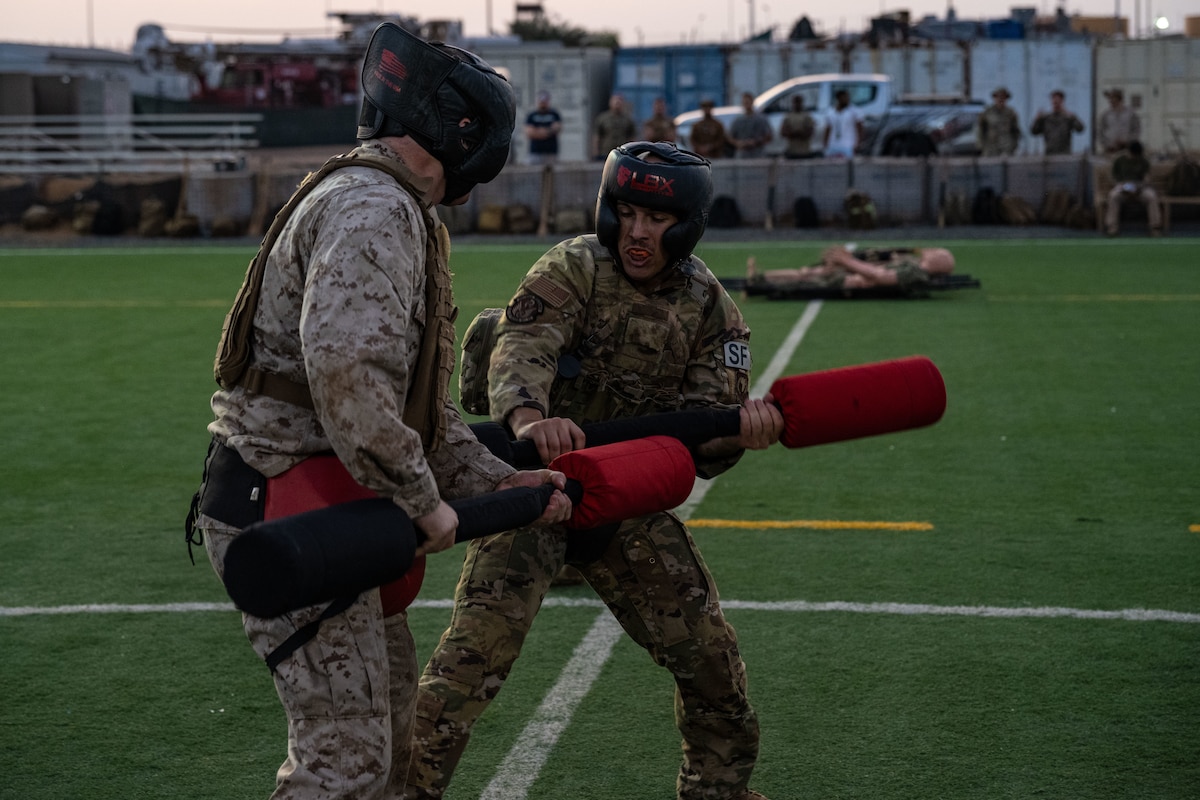 U.S. service members practice combatives.