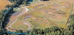 Birds eye view of a floodplain detailing the process of a phosphorus optimal wetland demonstration.