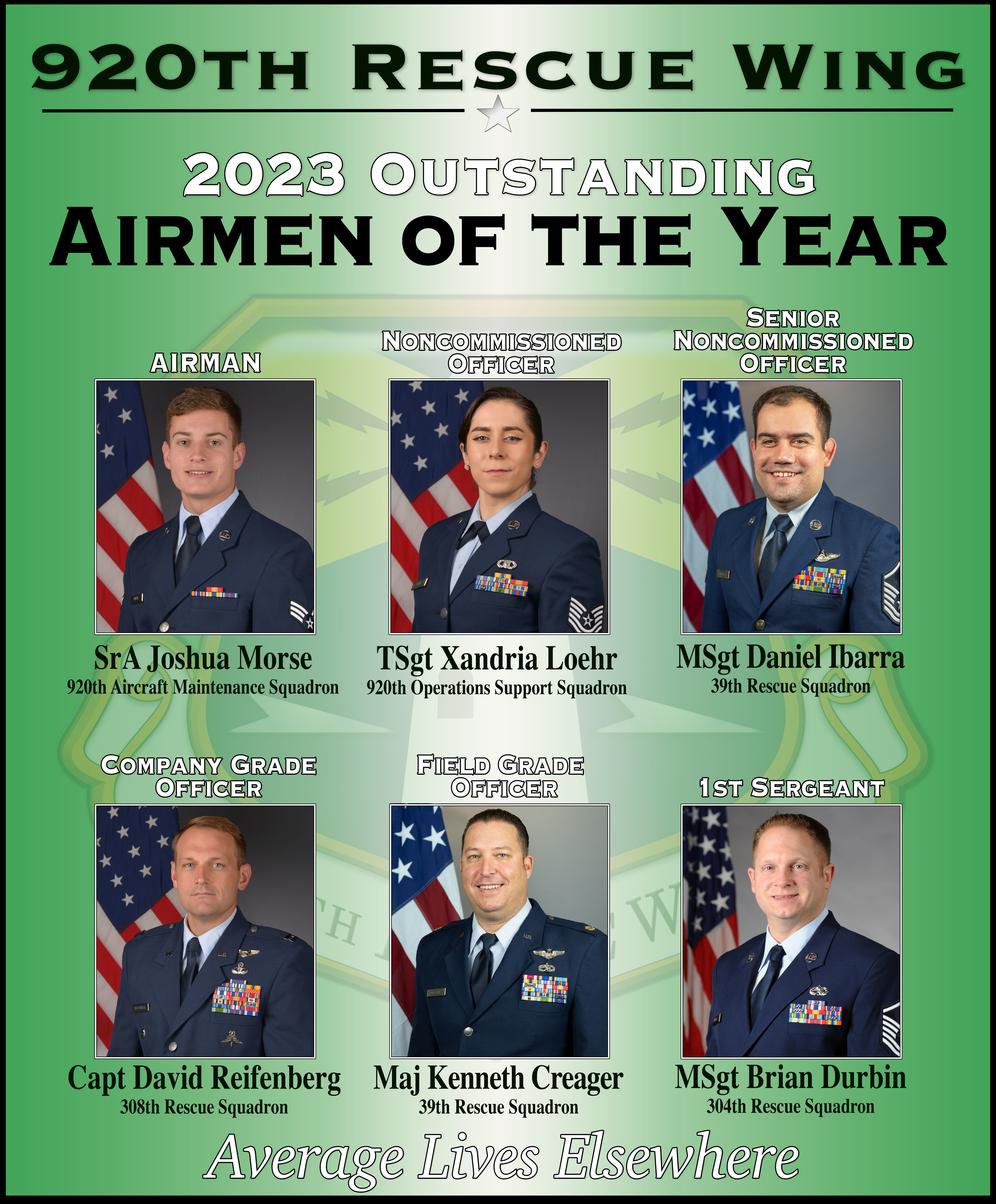 920th Rescue Wing 2023 Airmen of the Year. (U.S. Air Force graphic by Master Sgt. Kelly Goonan)